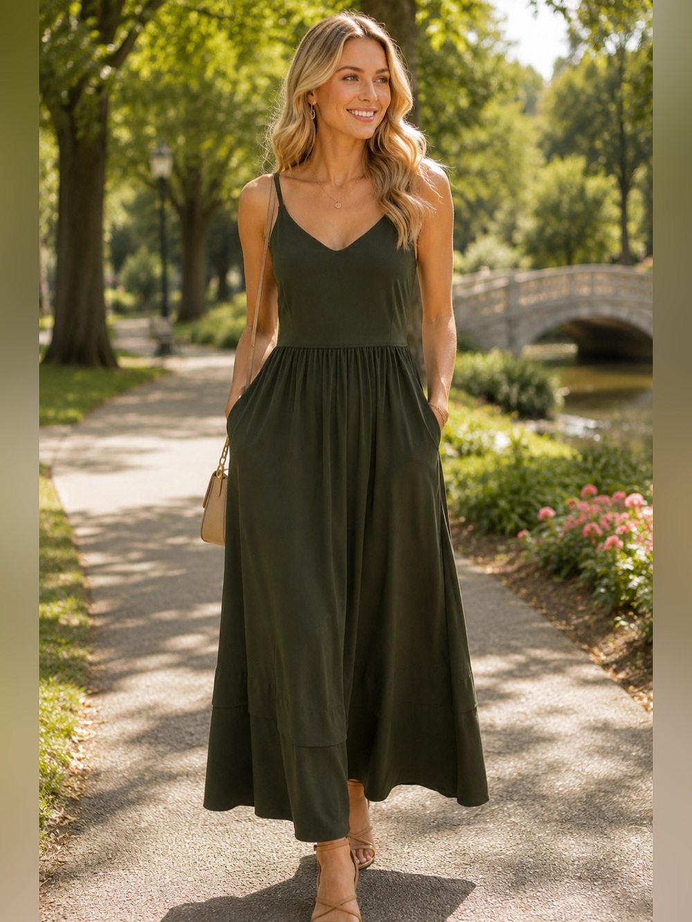 Athleta Olive Green Maxi Dress Medium MP Sleeveless Pockets Casual Travel Midi